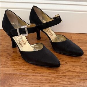 Salvatore Ferragamo Black Satin Mary Jane Heels with Decorative Buckle